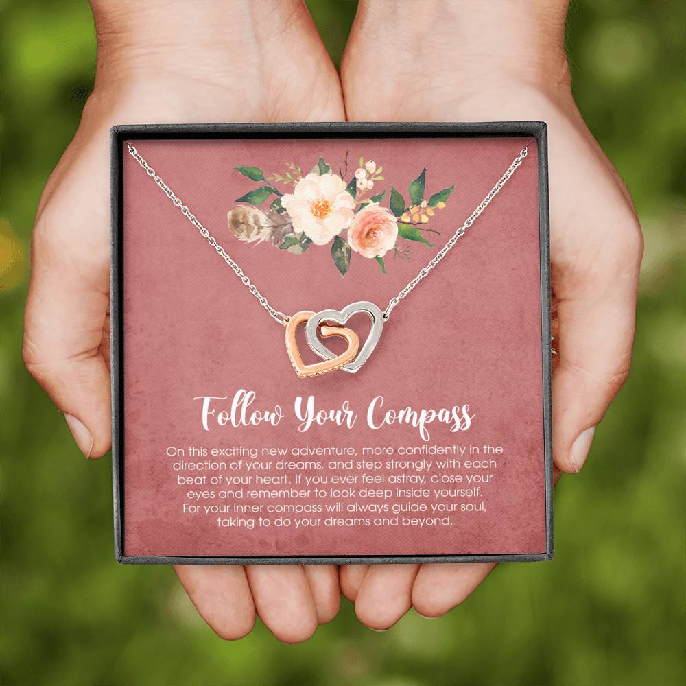 Follow Your Compass Interlocking Hearts Pendant Necklace - Graduation GIft For Her