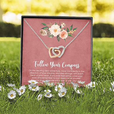 Follow Your Compass Interlocking Hearts Pendant Necklace - Graduation GIft For Her