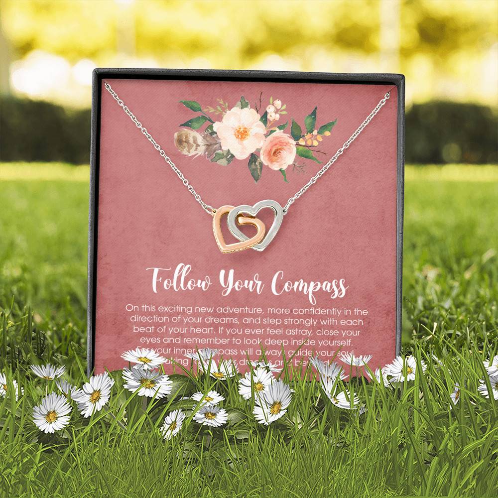 Follow Your Compass Interlocking Hearts Pendant Necklace - Graduation GIft For Her