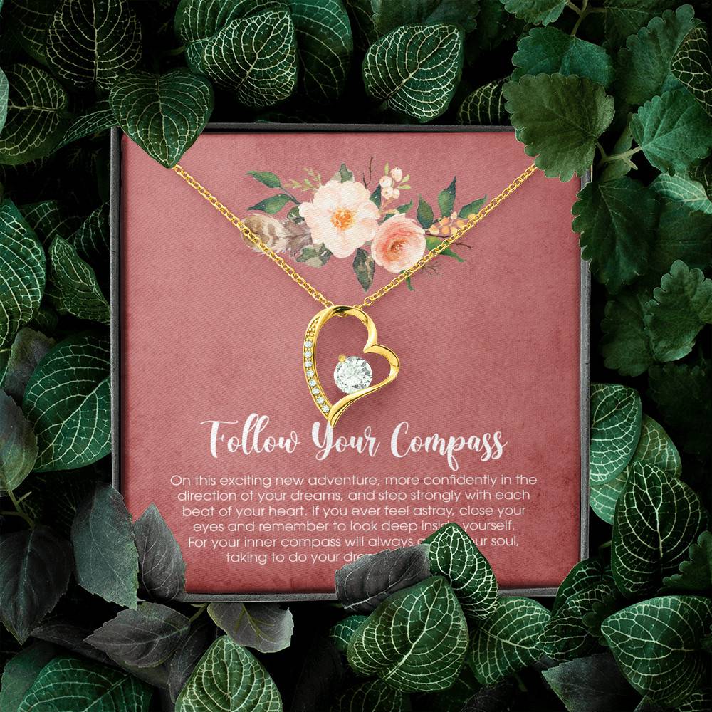 Follow Your Compass Forever Love Heart Pendant Necklace - Graduation GIft For Her