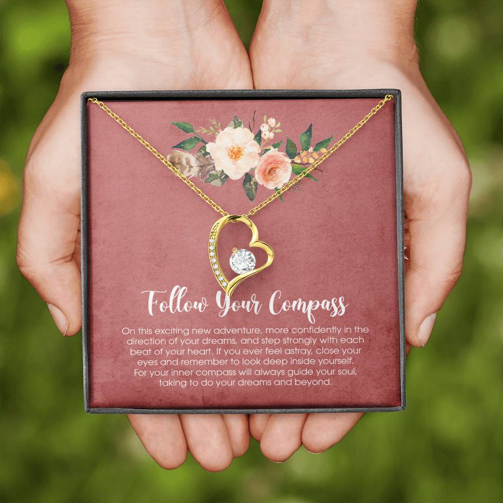 Follow Your Compass Forever Love Heart Pendant Necklace - Graduation GIft For Her