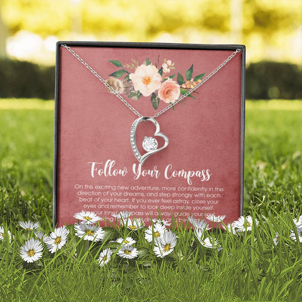 Follow Your Compass Forever Love Heart Pendant Necklace - Graduation GIft For Her