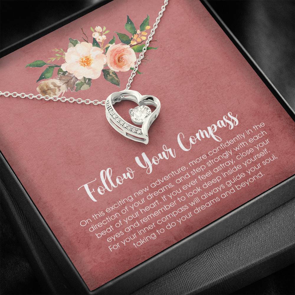 Follow Your Compass Forever Love Heart Pendant Necklace - Graduation GIft For Her