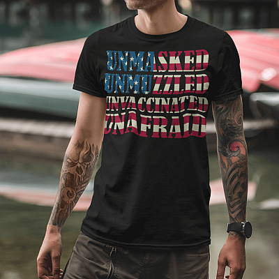 Alternative view of Unmasked Unmuzzled Unvaccinated Unafraid American Flag T-shirt - V-neck - Pro American Gifts Shirt