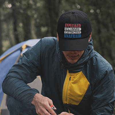 Alternative view of Unmasked Unmuzzled Unvaccinated Unafraid American Flag Twill Cap - Trucker Hat - Pro American Snapback Hat