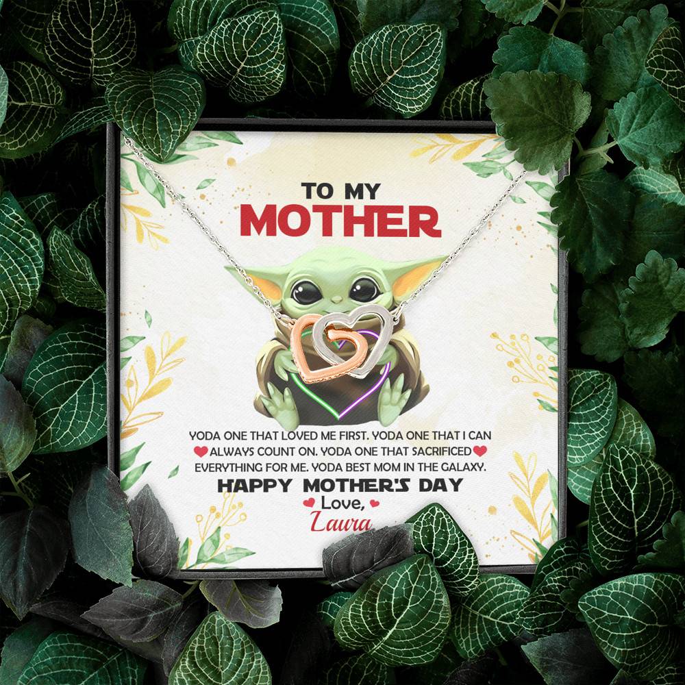 Personalized Baby Yoda To My Mother Yoda Best Mom In The Galaxy Mother's Day Interlocking Hearts Necklace