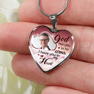 Alternative view of Personalized Photo God Has You In His Arms I Have You In My Heart Sympathy Heart Pendant Necklace - Bangle