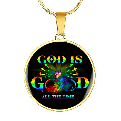 Rainbow Feather Butterfly God Is Good All the Time Christian Circle Pendant Necklace - Circle Luxury Necklace (Gold Plated)