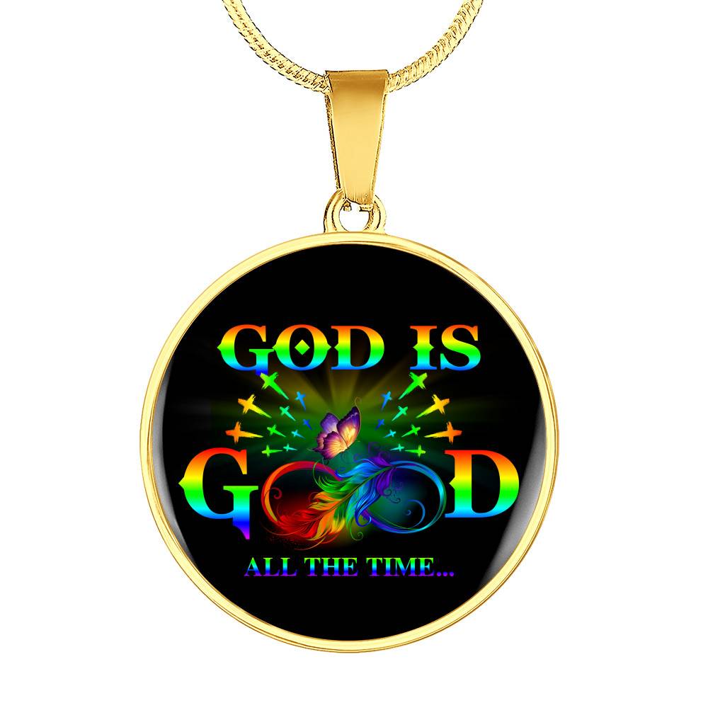 Rainbow Feather Butterfly God Is Good All the Time Christian Circle Pendant Necklace - Circle Luxury Necklace (Gold Plated)