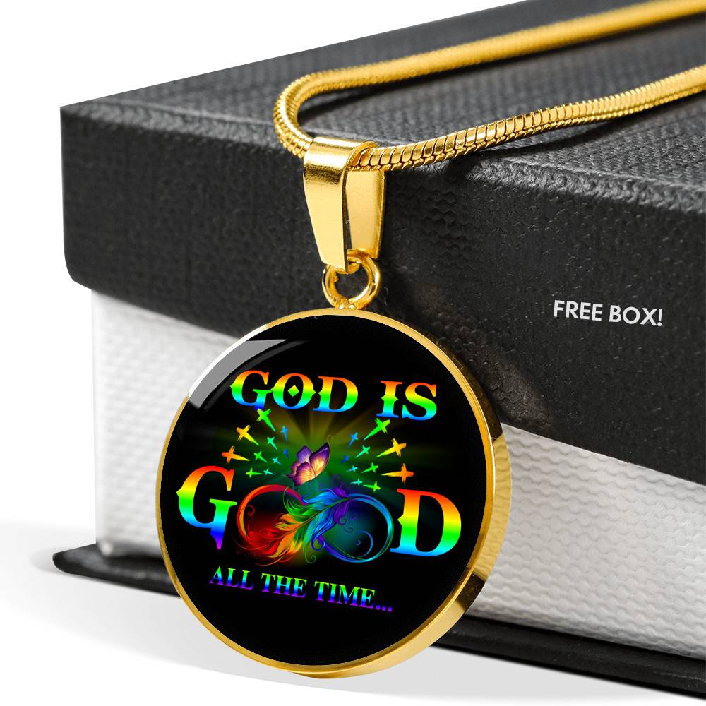 Rainbow Feather Butterfly God Is Good All the Time Christian Circle Pendant Necklace - Circle Luxury Necklace (Gold Plated)