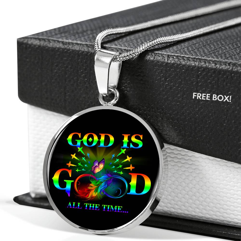 Rainbow Feather Butterfly God Is Good All the Time Christian Circle Pendant Necklace - Circle Luxury Necklace (Silver)