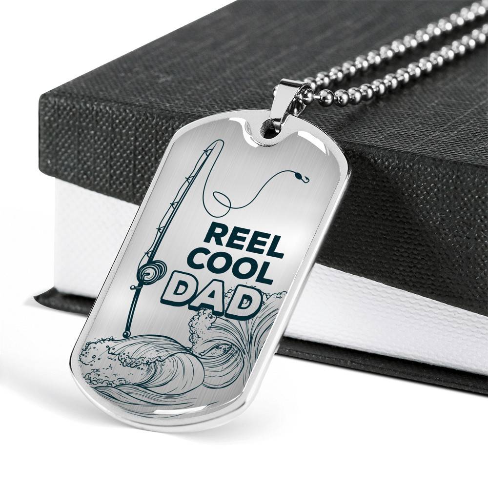Reel Cool Dad Vintage Fishing Dad Dog Tag Pendant Necklace