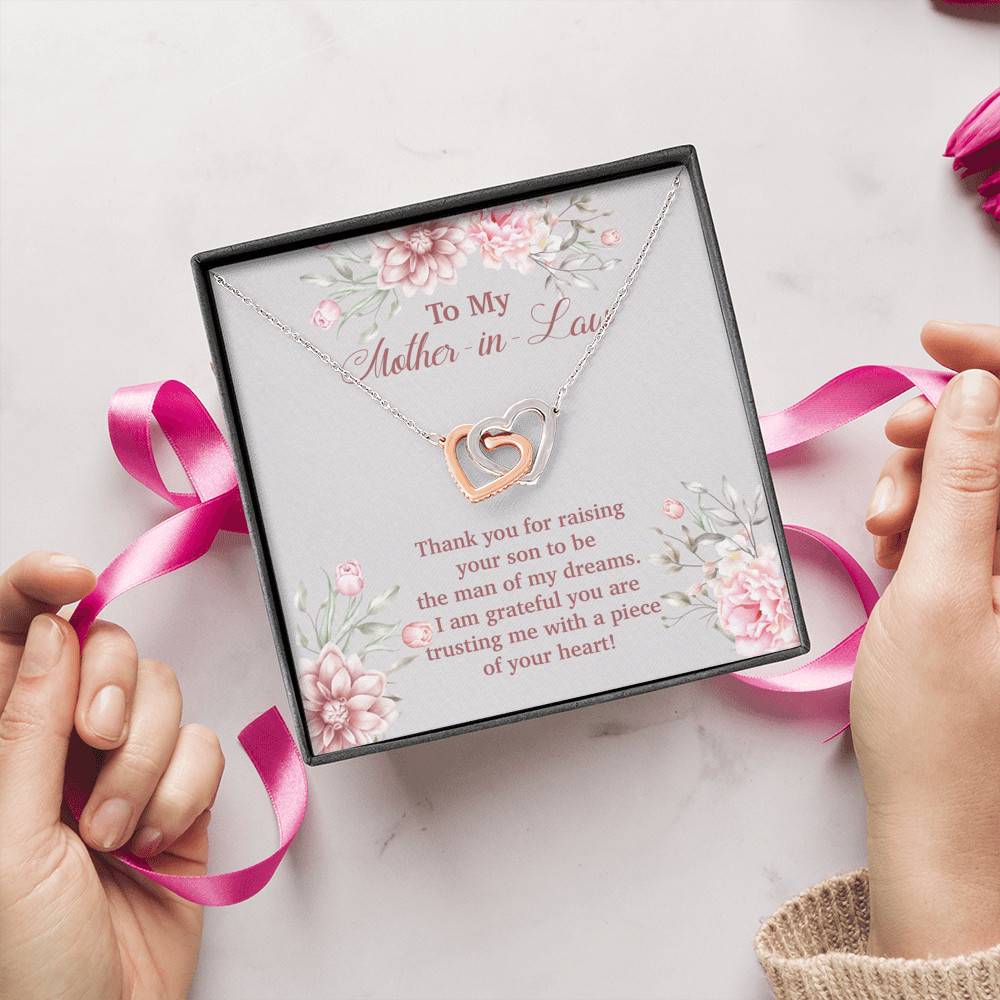 To My Mother in Law Thank You for Raising Your Son to Be the Man of My Dreams Interlocking Hearts Pendant Necklace