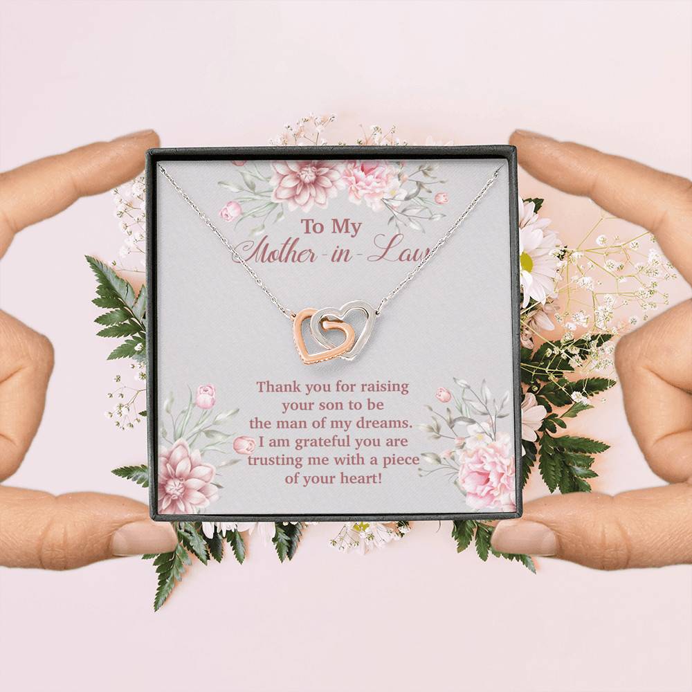 To My Mother in Law Thank You for Raising Your Son to Be the Man of My Dreams Interlocking Hearts Pendant Necklace