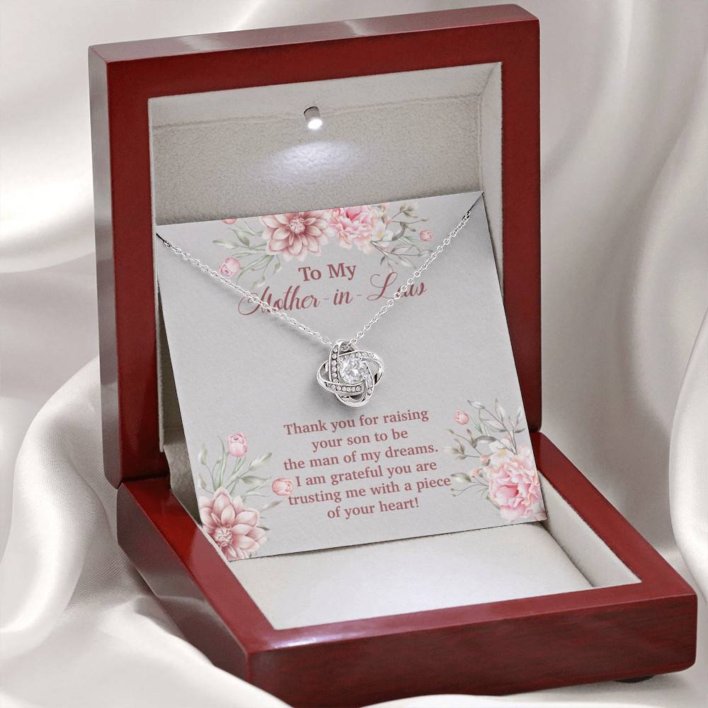 To My Mother in Law Thank You for Raising Your Son to Be the Man of My Dreams Love Knot Pendant Necklace