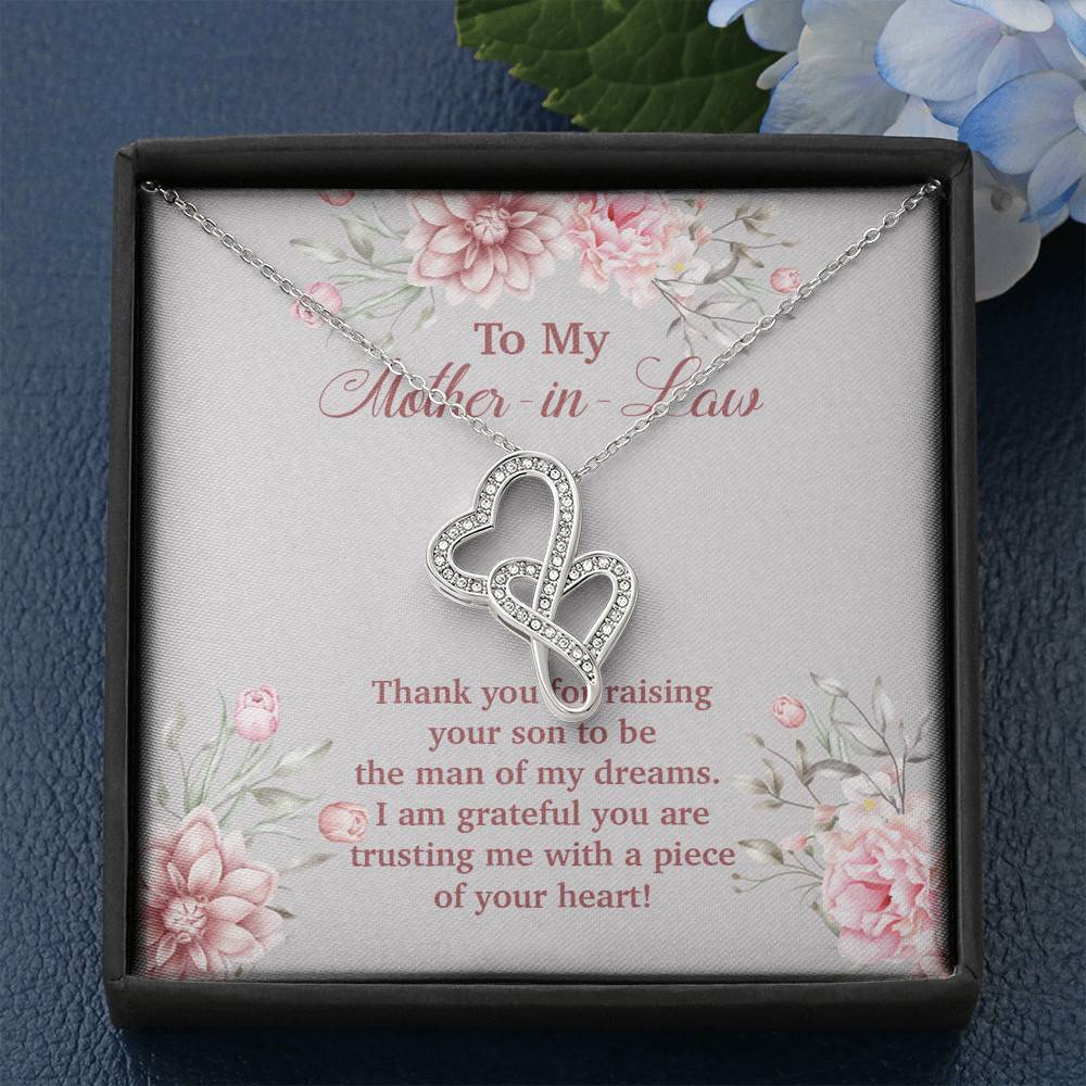 To My Mother in Law Thank You for Raising Your Son to Be the Man of My Dreams Double Hearts Pendant Necklace