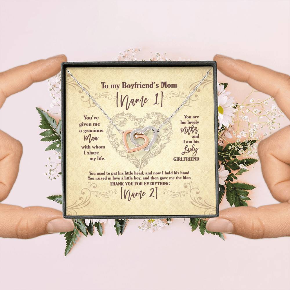 Personalized Text To My Boyfriend's Mom Saying I'm His Lucky Girlfriend Saying Interlocking Hearts Necklace