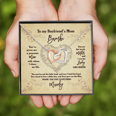 Alternative view of Personalized Text To My Boyfriend's Mom Saying I'm His Lucky Girlfriend Saying Interlocking Hearts Necklace