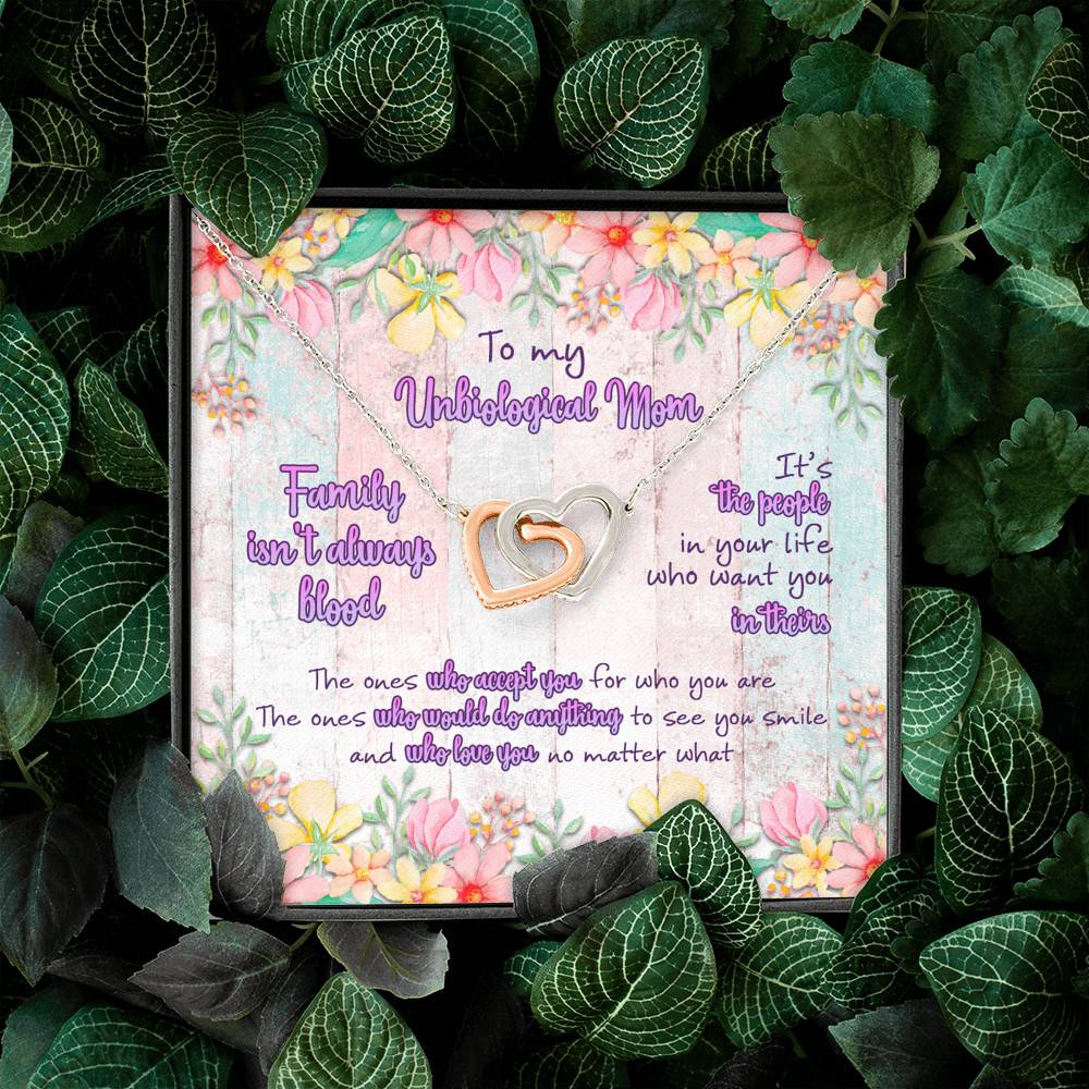 To My Unbiological Mom Family Isn't Always Blood Interlocking Hearts Pendant Necklace
