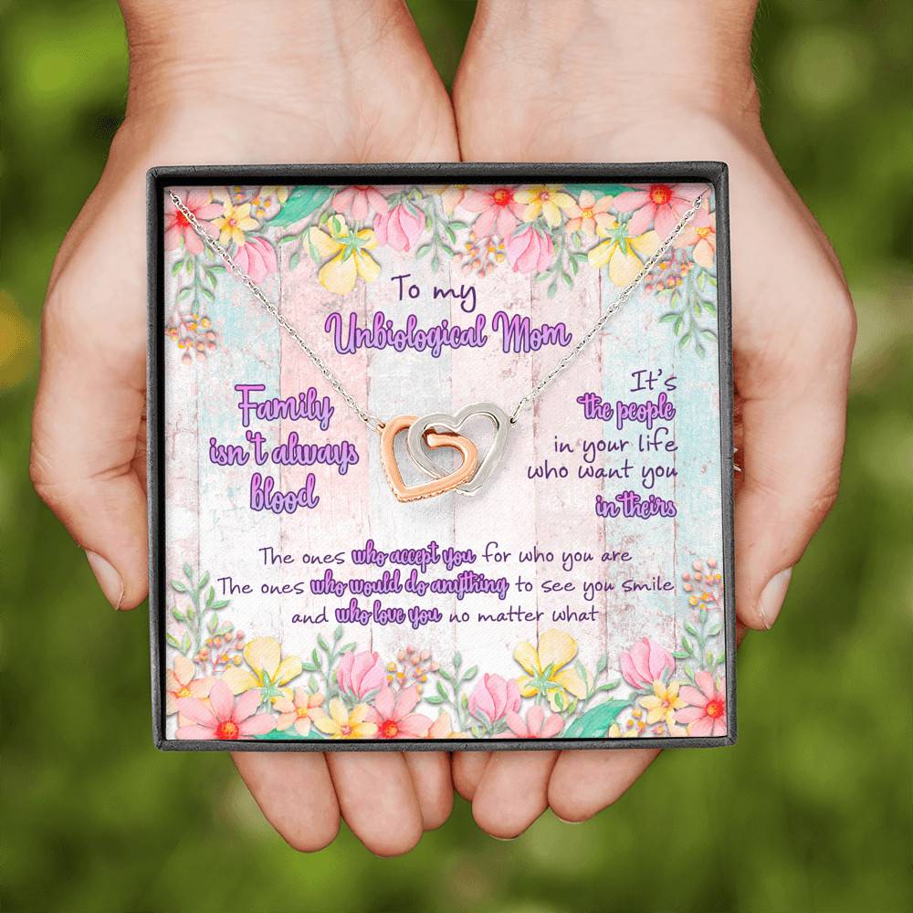 To My Unbiological Mom Family Isn't Always Blood Interlocking Hearts Pendant Necklace