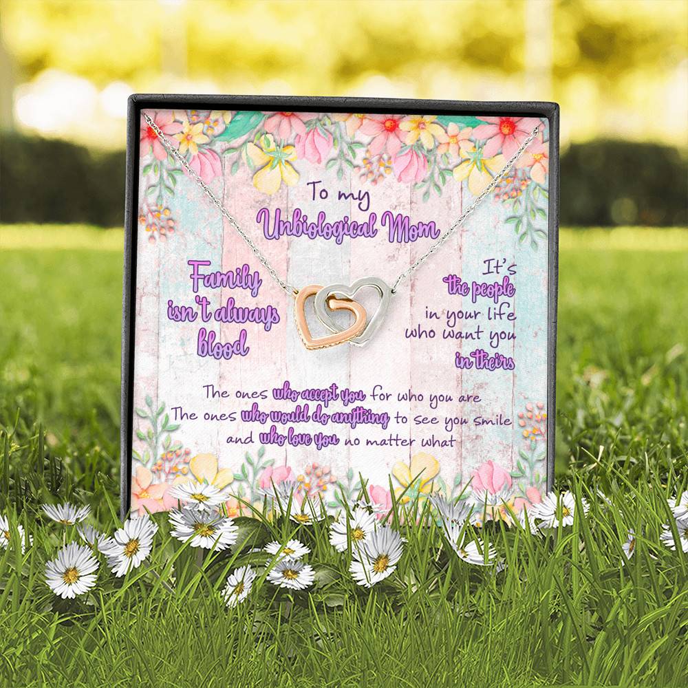 To My Unbiological Mom Family Isn't Always Blood Interlocking Hearts Pendant Necklace