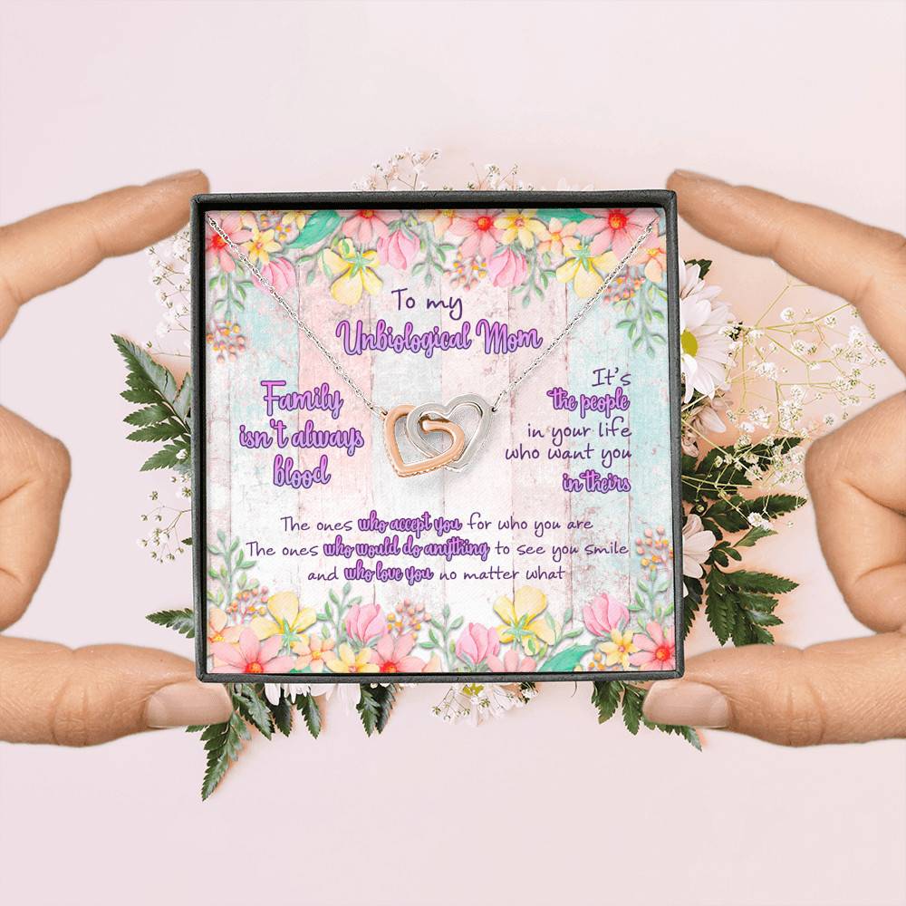 To My Unbiological Mom Family Isn't Always Blood Interlocking Hearts Pendant Necklace