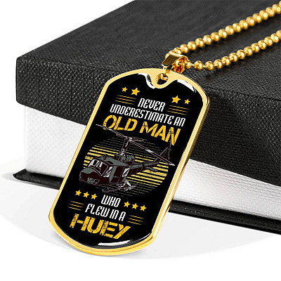 Never Underestimate An Old Man Who Flew In A Huey Dog Tag Pendant Necklace