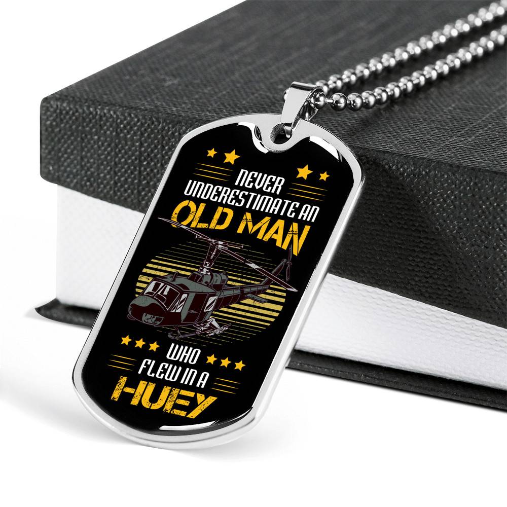 Never Underestimate An Old Man Who Flew In A Huey Dog Tag Pendant Necklace