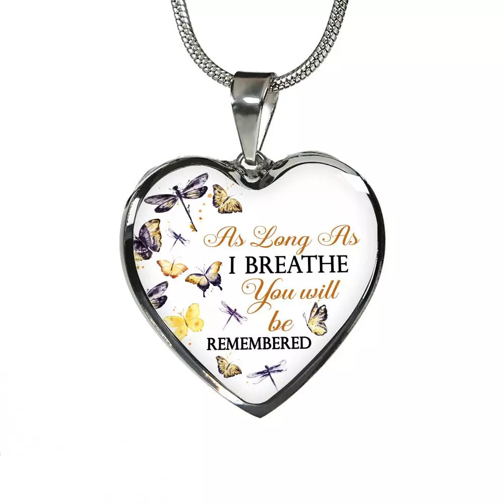 Personalized As Long As I Breathe You Will Be Remembered Heart Pendant Necklace - Memorial Customized Necklace