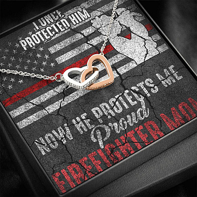 I Once Protected Him Now He Protects Me Proud Firefighter Mom American Flag Interlocking Hearts Pendant Necklace