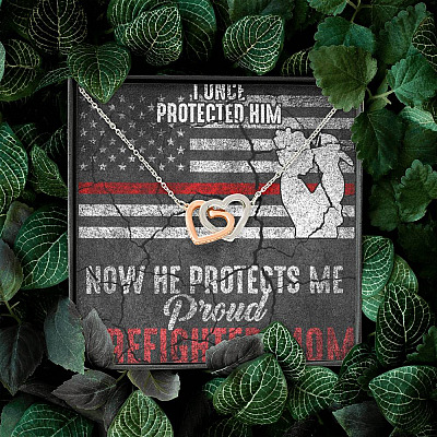 I Once Protected Him Now He Protects Me Proud Firefighter Mom American Flag Interlocking Hearts Pendant Necklace