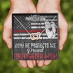 I Once Protected Him Now He Protects Me Proud Firefighter Mom American Flag Interlocking Hearts Pendant Necklace