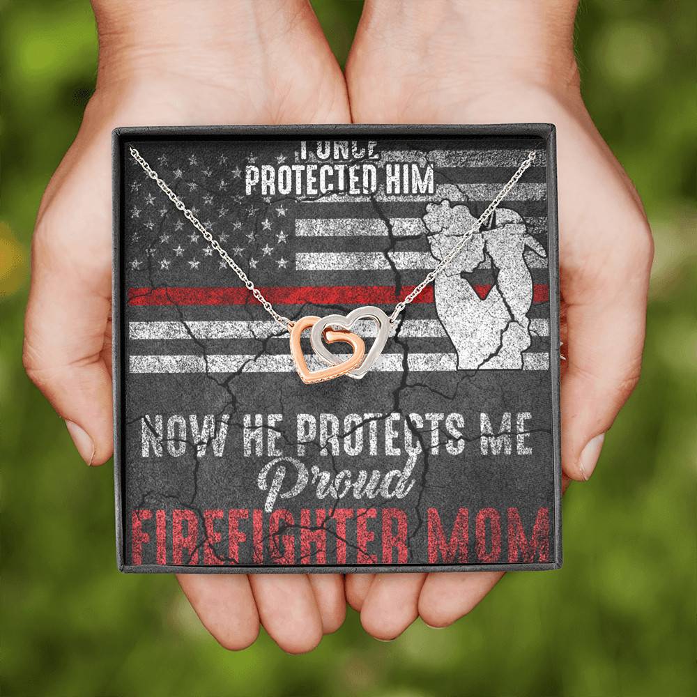 I Once Protected Him Now He Protects Me Proud Firefighter Mom American Flag Interlocking Hearts Pendant Necklace