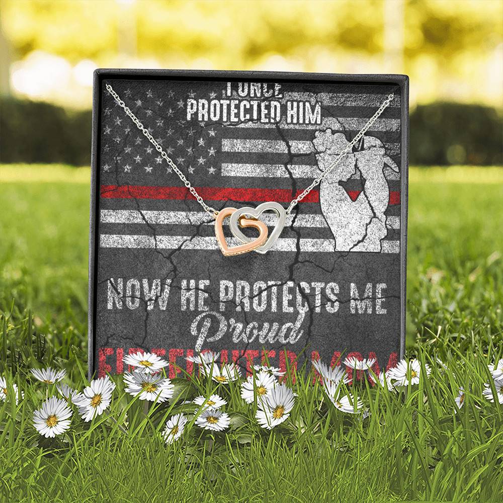 I Once Protected Him Now He Protects Me Proud Firefighter Mom American Flag Interlocking Hearts Pendant Necklace