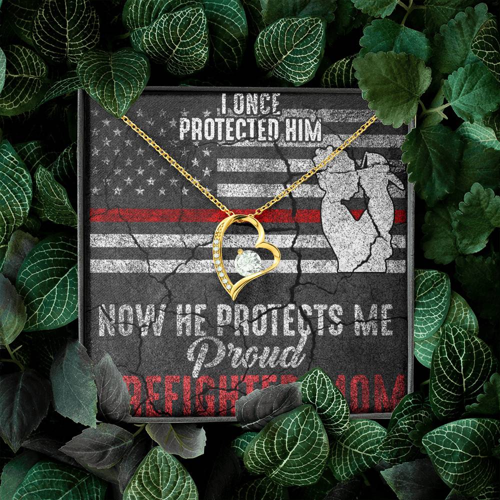 I Once Protected Him Now He Protects Me Proud Firefighter Mom American Flag Forever Love Pendant Necklace
