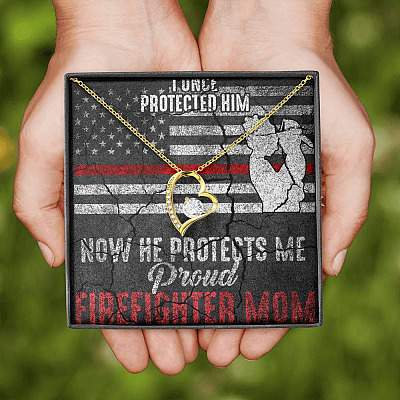 I Once Protected Him Now He Protects Me Proud Firefighter Mom American Flag Forever Love Pendant Necklace