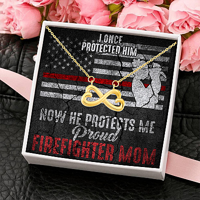 I Once Protected Him Now He Protects Me Proud Firefighter Mom American Flag Infinity Heart Pendant Necklace