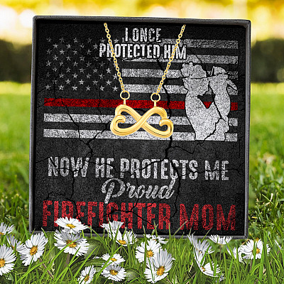 Alternative view of I Once Protected Him Now He Protects Me Proud Firefighter Mom American Flag Infinity Heart Pendant Necklace