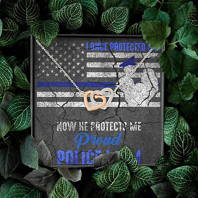 I Once Protected Him Now He Protects Me Proud Police Mom American Flag Interlocking Hearts Pendant Necklace