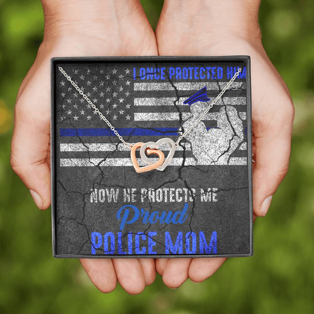 I Once Protected Him Now He Protects Me Proud Police Mom American Flag Interlocking Hearts Pendant Necklace