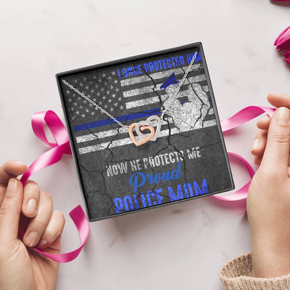 I Once Protected Him Now He Protects Me Proud Police Mom American Flag Interlocking Hearts Pendant Necklace
