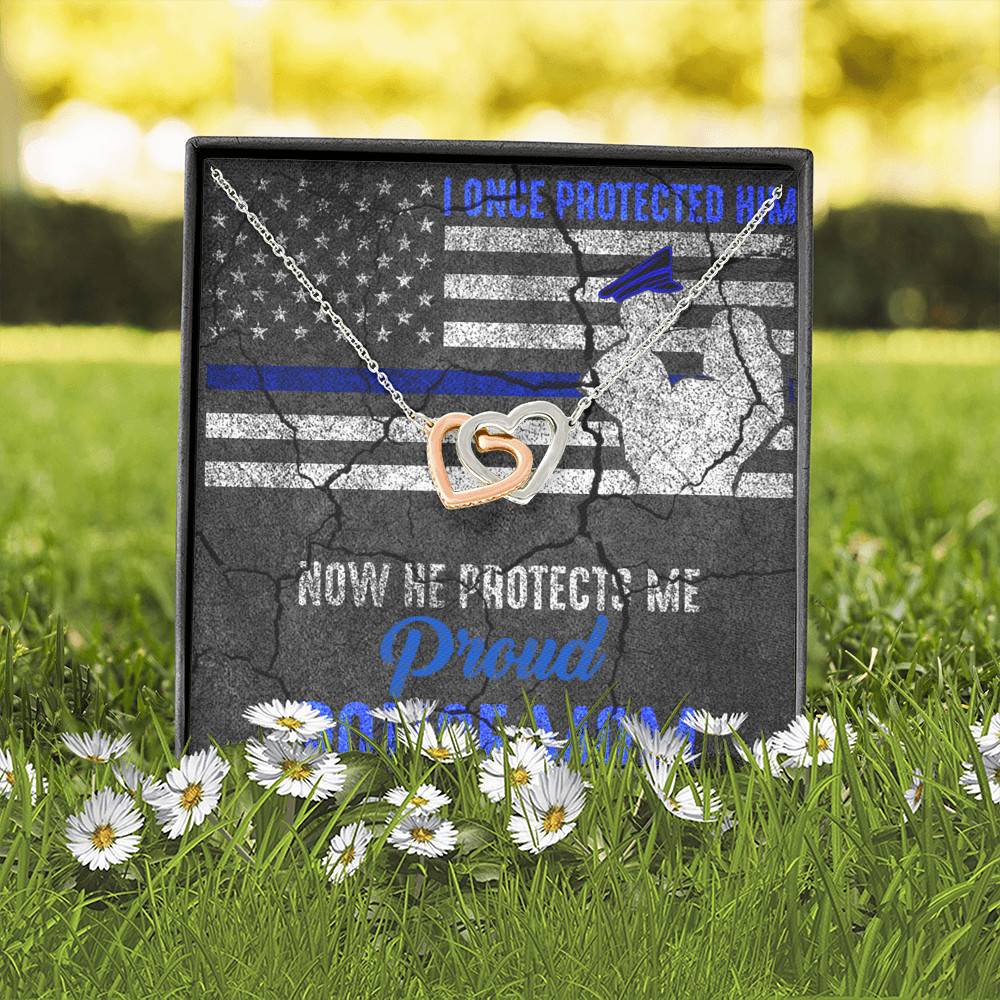 I Once Protected Him Now He Protects Me Proud Police Mom American Flag Interlocking Hearts Pendant Necklace
