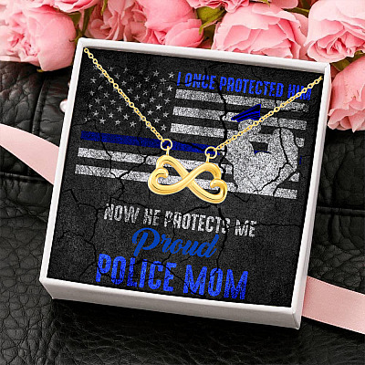 I Once Protected Him Now He Protects Me Proud Police Mom American Flag Infinity Heart Pendant Necklace