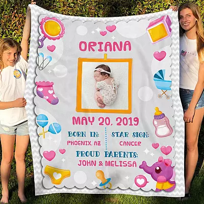 Personalized Custom Photo Baby Name Blanket - Cute Infant Information Fleece Blanket – Mink Blanket