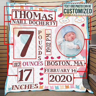 Personalized Photo Baby Name Blanket - Cute Baby Information Fleece Blanket – Mink Blanket – Woven Blanket