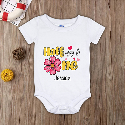 Alternative view of Personalized Half Way to One Baby Onesie - Toddler Baby Infant Bodysuit - Half Birthday Outfit Girl