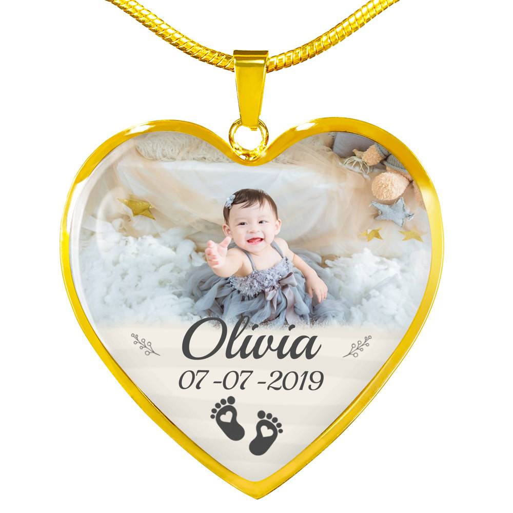 Personalized Photo Baby Feet Heart Pendant Necklace - Heart Luxury Necklace (Gold Plated)