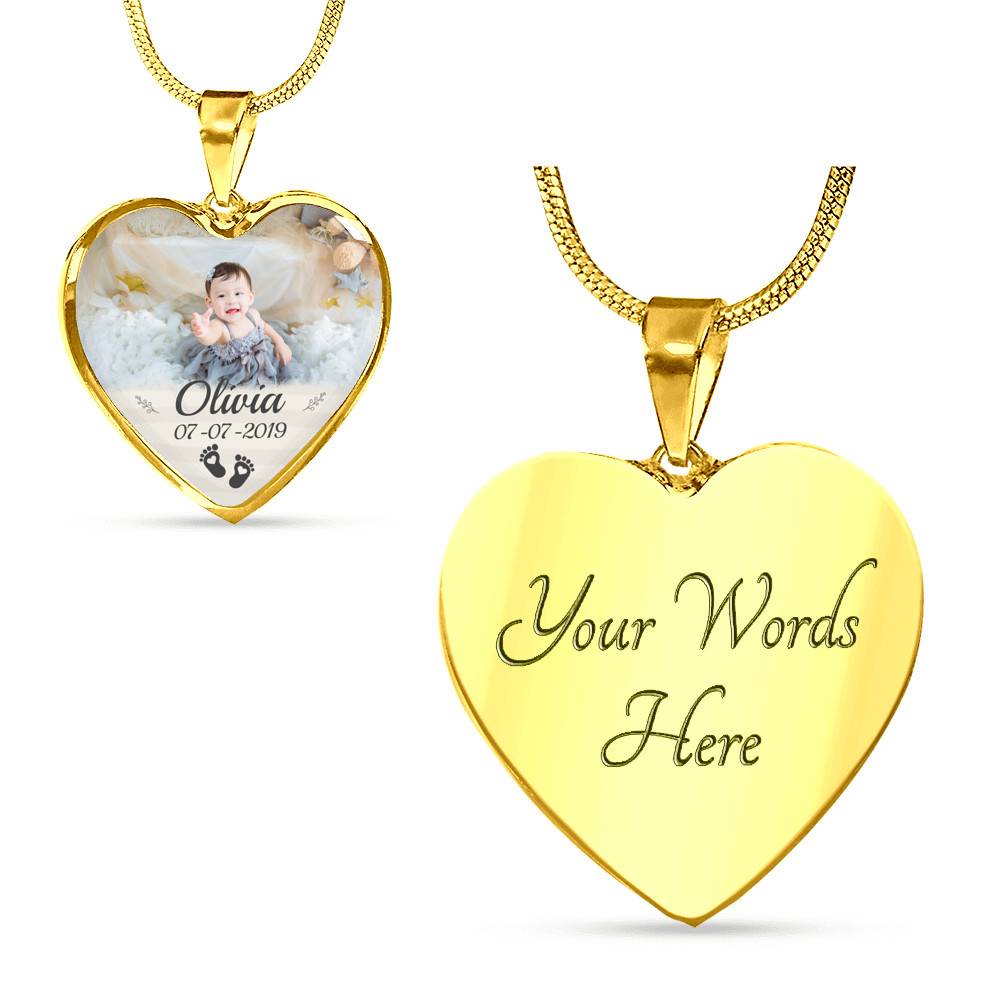 Personalized Photo Baby Feet Heart Pendant Necklace - Heart Luxury Necklace (Gold Plated)