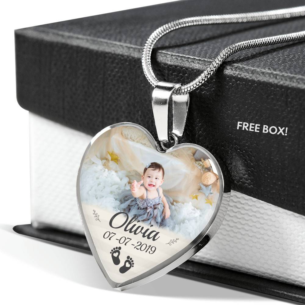 Personalized Photo Baby Feet Heart Pendant Necklace - Heart Luxury Necklace (Silver)