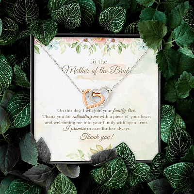 To The Mother Of The Bride On This Day I Will Join Your Family Tree From Groom Interlocking Hearts Pendant Necklace